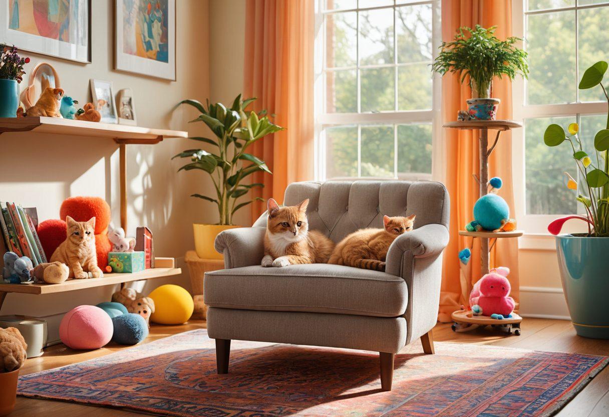 A cozy, stylish living room with a playful kitten perched on a plush armchair, surrounded by colorful toys and a tall cat tree in the background. Sunlight filters through a window, casting warm hues, while a magazine featuring pet care tips lies open on a coffee table. The atmosphere feels inviting and cheerful, highlighting the bond between pets and owners. vibrant colors. super-realistic. warm lighting.