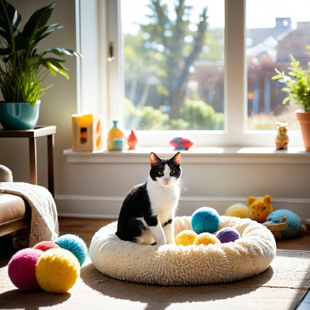 A cozy living room scene featuring a playful new kitten exploring its surroundings, surrounded by essential cat care items like a cozy cat bed, scratching post, and playful toys. Capture the tender bond between a human and the kitten, emphasizing warmth and happiness. Bright sunlight streaming through a window, highlighting vibrant colors and soft textures. super-realistic. vibrant colors.